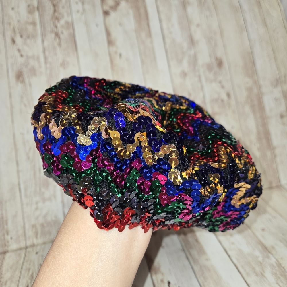 Vintage Multicolor Sequin Beret Hat Sparkly Disco Festival Statement Cap - Picture 7 of 10